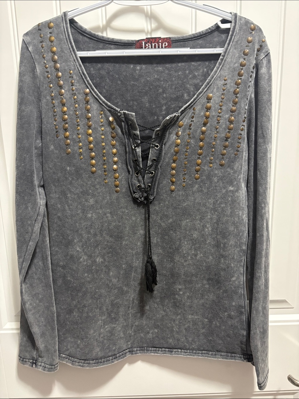 Janie Women’s L Gray Acid Wash Studded Lace Up Long Sleeve Top